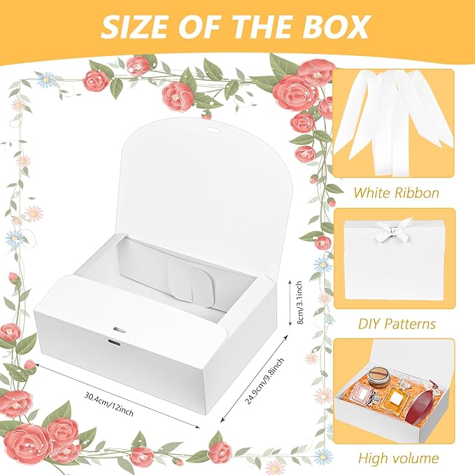 12 Pack White Gift Boxes with Lids, 9.8x3.1 Inch Ribboned Elegant Proposal Box for Wedding, Birthday, Party, Christmas, Bridesmaid, Graduation