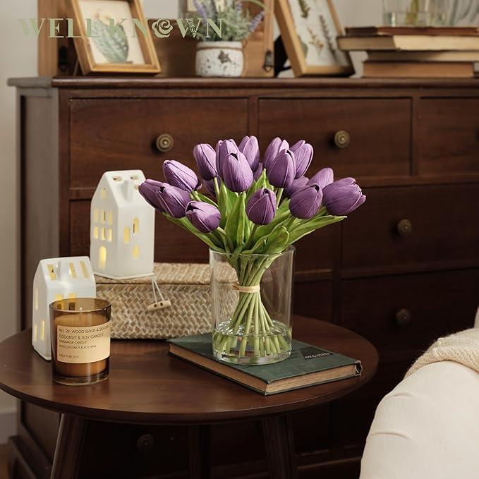 WELL KNOWN 20 Pcs Tulips Artificial Flowers in Vase, Real Touch Upgrate Purple Tulips Fake Flowers with Vase Flower Arrangements Artificial Centerpiece for Dining Room Table