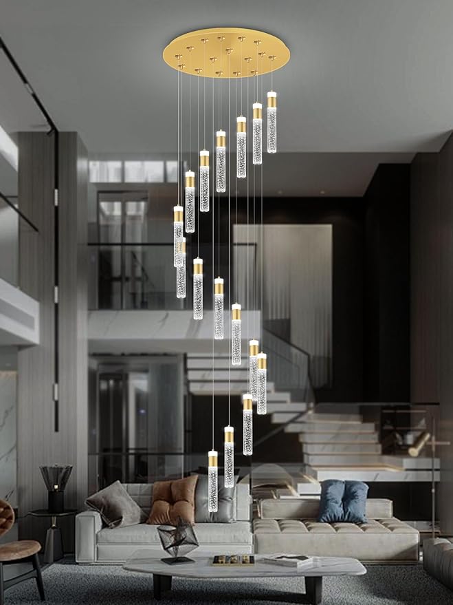 118inch Long Spiral Staircase Chandelier for High Ceilings Gold Crystal Bubble Column Chandeliers Large Foyer Ceiling Chandeliers (Led Dimmable 16 Light)