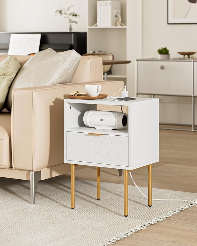 Nightstand,Morden Bedside Table with Gold Frame,Small White Night Stand,End Table,Bedside Furniture,Side Table with Drawer and Shelf for Bedroom,Living Room (1Drawer, White-Outlet-pane)
