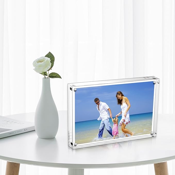 AMEITECH Acrylic Photo Frames 6x8'', Magnetic Acrylic Block Picture Frame, Desktop Frameless Photograph Display (2 Pack)