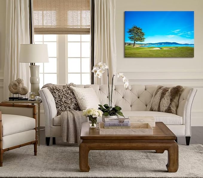 Pebble Beach Golf Course 18th Hole Green Wall Art for Living Room Bedroom Bathroom Home Decorations Golf Course Picture Poster Canvas Prints Modern Framed Artwork Ready to Hang(24''H x 36''W)