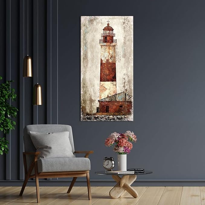 Visual Art Decor Rustic Coastal Picture Rustic Lighthouse Canvas Wall Art Retro Nautical Prints Artwork for Home Living Room Bedroom Office Decoration Ready to Hang Large 24"x48"