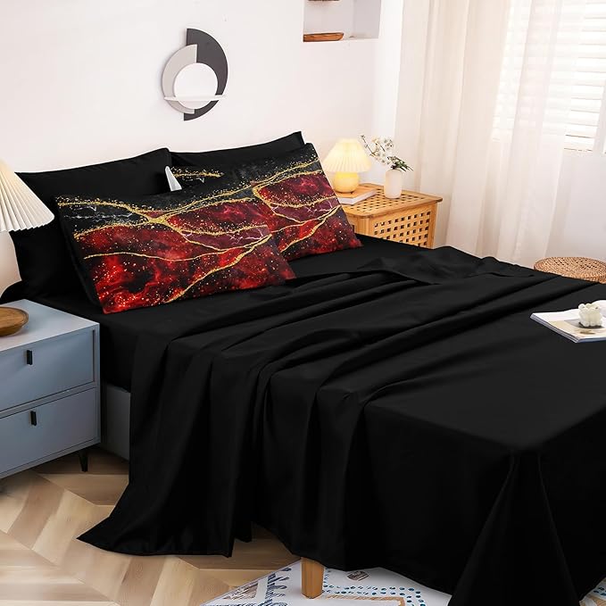 Gold Comforter Set 8 Pcs Red Marble Bedding Set King Size Bed in A Bag Red and Black Marble Stone Texture Abstract Room Decor