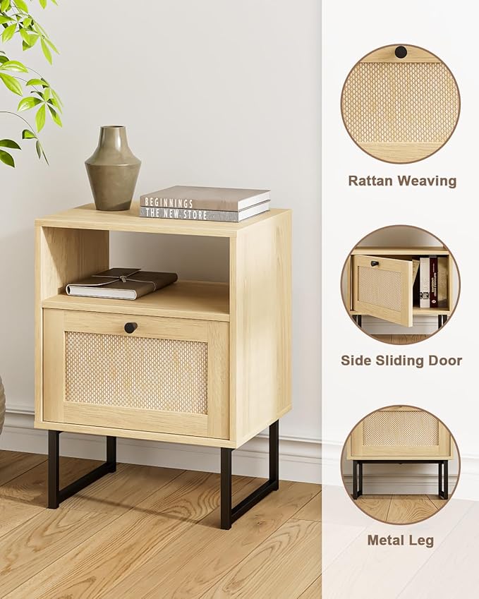 Rattan Nightstand, Boho Night Stand Farmhouse Wood Bedside Table with Storage and Open Shelf, End Side Accent Table for Bedroom,Living Room,Oak