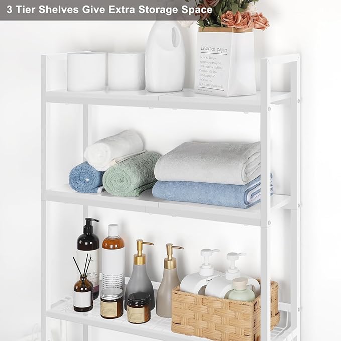 Over The Toilet Storage Rack 3 Tier Over Toilet Bathroom Organizer Wooden Behind The Toilet Storage Standing Shelf with 4 Hooks and Toilet Paper Holder, Space Saver, White