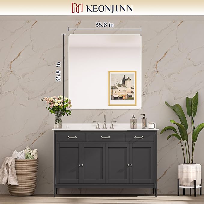 Keonjinn Brushed Nickel Wall Mirror, 36 x 36 Inch Large Square Silver Bathroom Mirrors for Over Sink, Rounded Rectangle Farmhouse Vanity Mirror, HD Tempered Glass Modern Mirror(Horizontal/Vertical)