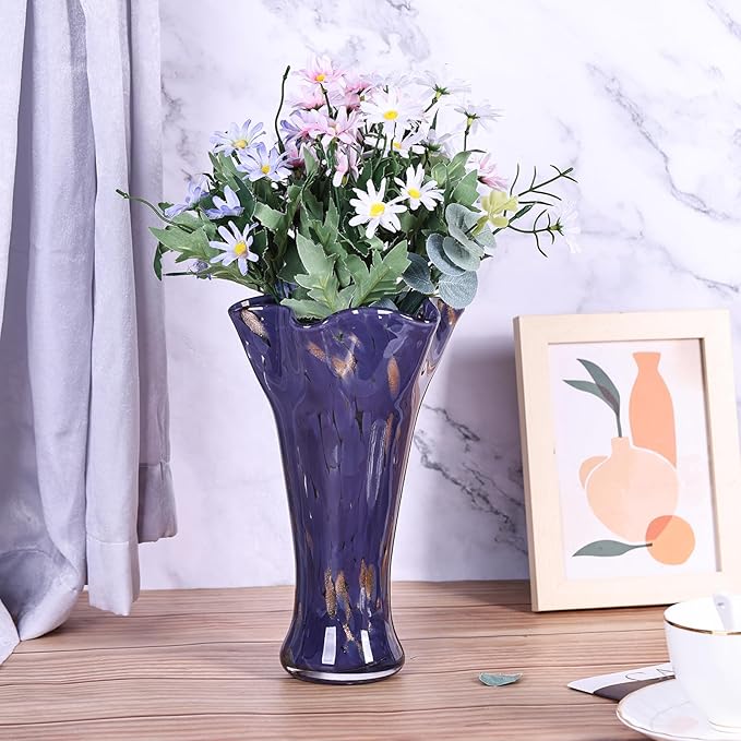 9.0" H Purple Glass Vases for Flowers, Unique Hand Blown Glass Vase Purple Home Decor, Wide Mouth Colorful Flower Vase Centerpieces, for Living Room Table Bookshelf, Bathroom Office Shelf Decorative