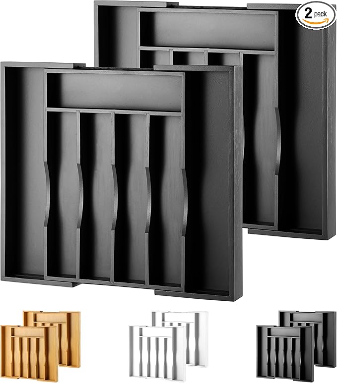 2-Piece Expandable Bamboo Kitchen Drawer Organizer for Cutlery and Utensils, Adjustable Bamboo Wood Cutlery Tray in Drawer for Flatware and Silverware in Kitchen, (Black)