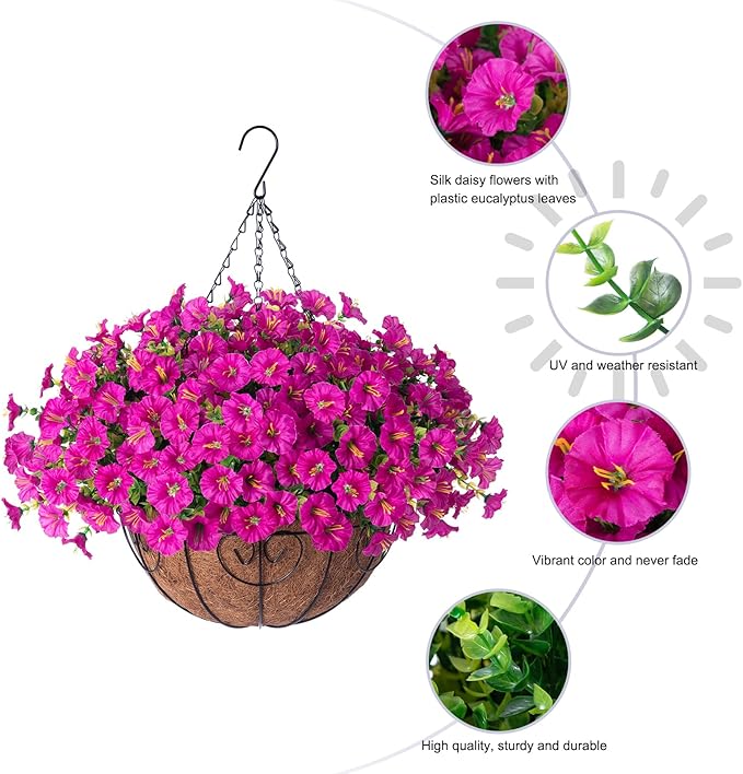 Artificial Fake Hanging Flowers Plants in Basket for Outdoor Decoration, 12 Pcs Faux Morning Glory in Planter Realistic UV Resistant Silk Flowers for Home Porch Patio Balcony Yard Outside, Fuchsia