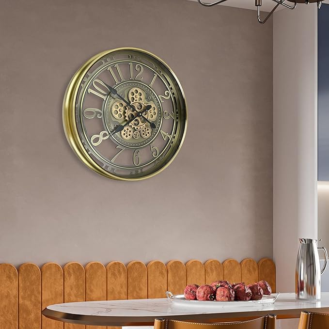Real Moving Gears Wall Clock Large Modern Metal Clocks for Living Room Decor, Industrial Steampunk Unique Vintage Rustic Decorative Clock for Home Farmhouse Office, 30 Inch,Bronze Gold Arabic