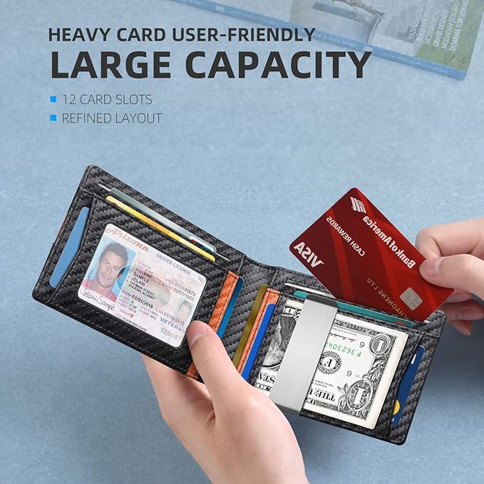 Zitahli Slim Wallet for Men Gifts 12 Card Slots ID Window With Money Clip Minimalist RFID Front Pocket Bifold Leather Small Thin Gift Box Dad Birthday Christmas Regalos Hombres