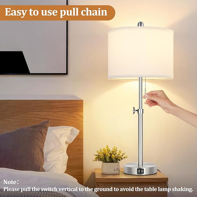Table Lamp Set of 2 for Bedroom, Bedside Lamp with 2 USB Ports, 23" to 30" Height Adjustable Tall Table Lamp for Living Room End Tables, Modern Silver Nightstand Lamp with Pull Chain