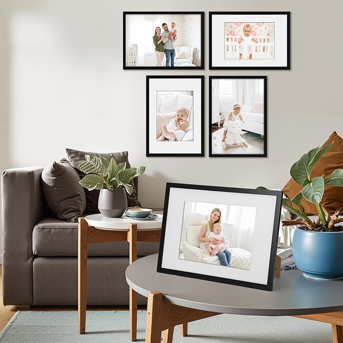 Giftgarden A4 Picture Frame Set of 4, Matted to 6x8 Picture with Mat, 8.3x11.7 Inch Photo Frames for Wall or Tabletop Display, Black