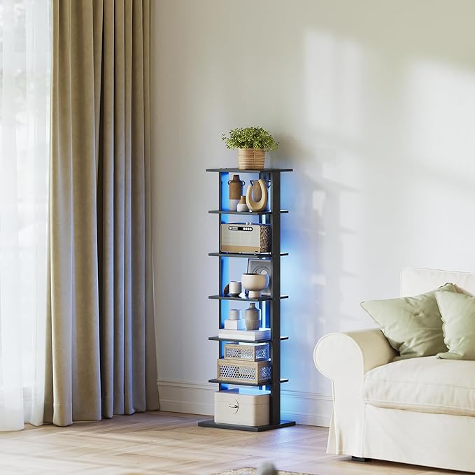7-Tier Bookshelf, Narrow Bookcase with LED Lights, 47.2 Inch Book Shelf for Small Space, Display Storage Shelf for Living Room, Bedroom, Home Office, Study, Black