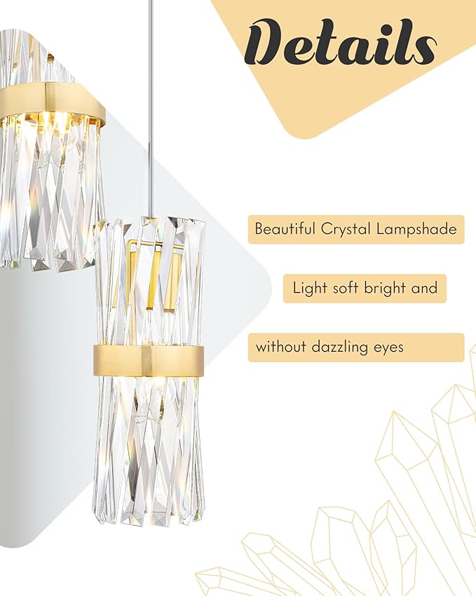 Ken & Ricky Crystal Pendant Lights, Modern Pendant Lights Kitchen Island, Gold Pendant Light for Kitchen Dinning Room Bathroom, Pendant Light with Two Style Options, KR3355-1PK