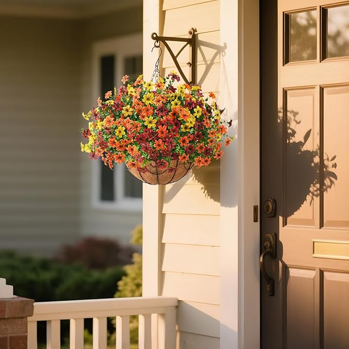 Artificial Flowers Hanging Basket Plants, Fake Mums Fall Decorations for Outdoor, Faux Silk Flower UV Resistant Autumn Decor for Outside Garden Patio Front Porch Balcony Window (Orange Brown Yellow)