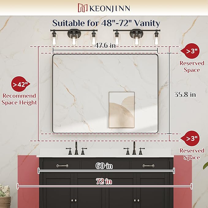 Keonjinn Black Bathroom Mirror for Over Sink, 48” x 36” Large Matte Black Mirrors for Wall, Rounded Rectangle Farmhouse Vanity Mirror, HD Tempered Glass Modern Decorative Mirror(Horizontal/Vertical)