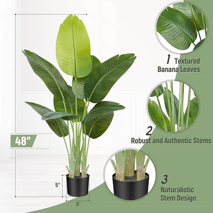Lifelike Bird of Paradise Artificial Plant 4ft Faux Banana Leaf Tree with 9 Trunks for Home Decor - Perfect Indoor Silk Floor Plant for Living Room, Office, and Bedroom Ambiance Enhancement