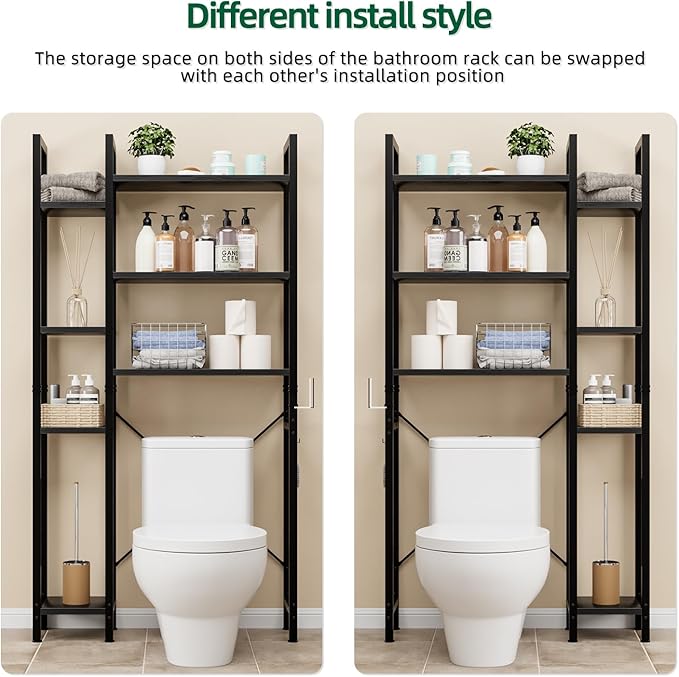 OTK Over The Toilet Storage with 7-Tier Bathroom Organizer Shelf, Freestanding Space Saver with Hooks & Adjustable Feet, Storage Rack for Bathroom, Restroom, Laundry, Black