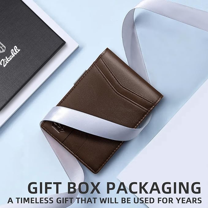 Zitahli Slim Wallet for Men Gifts 12 Card Slots ID Window With Money Clip Minimalist RFID Front Pocket Bifold Leather Small Thin Gift Box Dad Birthday Christmas Regalos Hombres