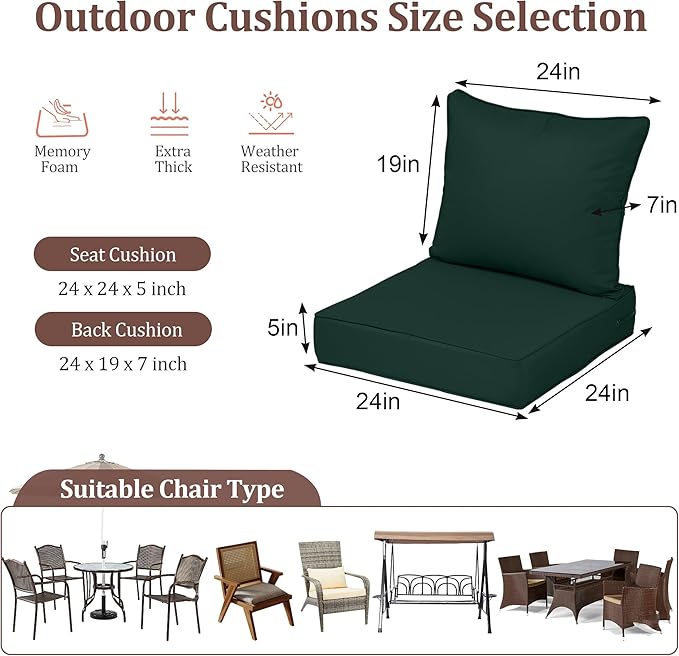 Waterproof Outdoor Chair Cushion Set of 4, 24x24x5 IN Deep Seat Patio Cushions with Fade Resistant Removable Cover,Outdoor Cushions for Patio Furniture with Ties&Handle for Chair Sofa Couch,Dark Green