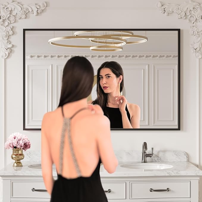 LOAAO 40"X30" Black Rectangle Bathroom Mirror Wall, Matte Black Aluminum Alloy Frame, Tempered Glass, Hangs Vertically or Horizontally, Easy to Install