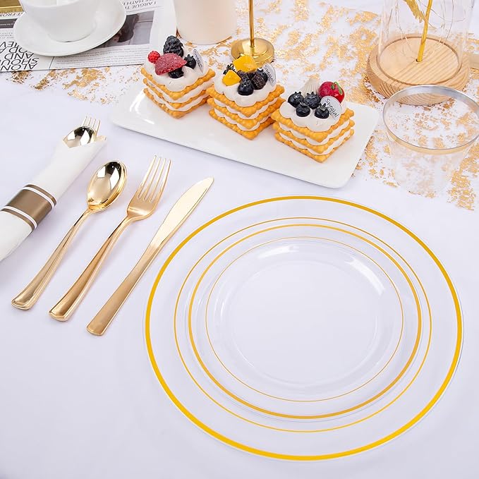 WELLIFE 210PCS Clear-Gold Plastic Plates - Dinnerware Sets for 30 Guests - 60 Disposable Plates, 90 Plastic Silverware, 30 Cups, 30 Napkins for Party