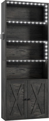 IRONCK Tall Bookcase with LED Lights, 70 in Industrial Bookshelf Display Shelf Floor Standing for Home Office, Living Room, Bed Room