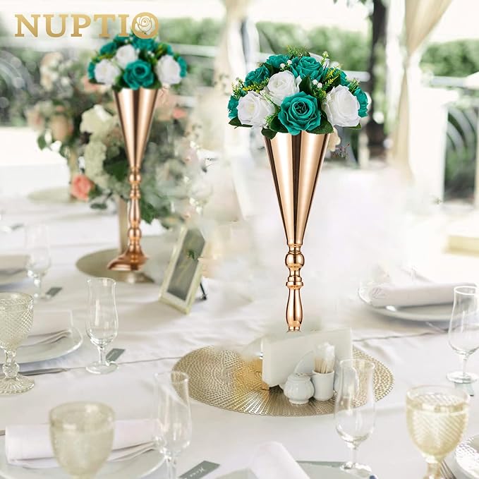 NUPTIO Flower Wedding Centrepieces for Tables - 6 Pcs 9.5in Diameter Teal & White Artificial Flowers Rose Ball for Centerpieces Table - Fake Rose Arrangements for Weddings Birthday Party Decorations