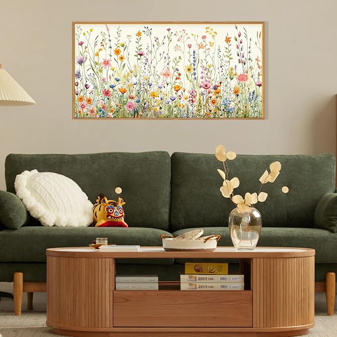 HPINUB Colorful Flower Framed Canvas Wall Art Set, Watercolor Daisy Floral Wall Decor, Wildflower Green Leaf Wall Painting, Multicolour Botanical Art Print for Living Room, Bedroom, Office -20"x40"