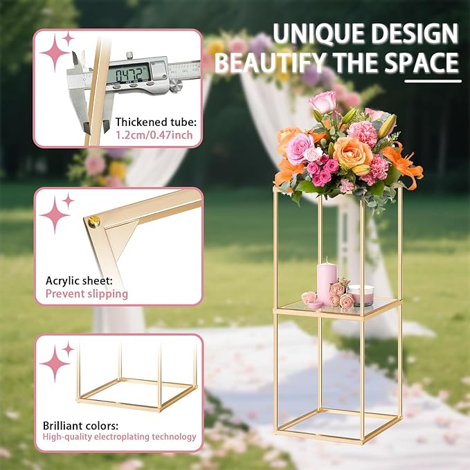 2-Tier Metal Flower Stand Set with Acrylic Shelves, Geometric Display Rack for Wedding Centerpieces, Party Decor, Tall Floor Vase Stand (Gold, Set of 3-36.8"/32.9"/25")
