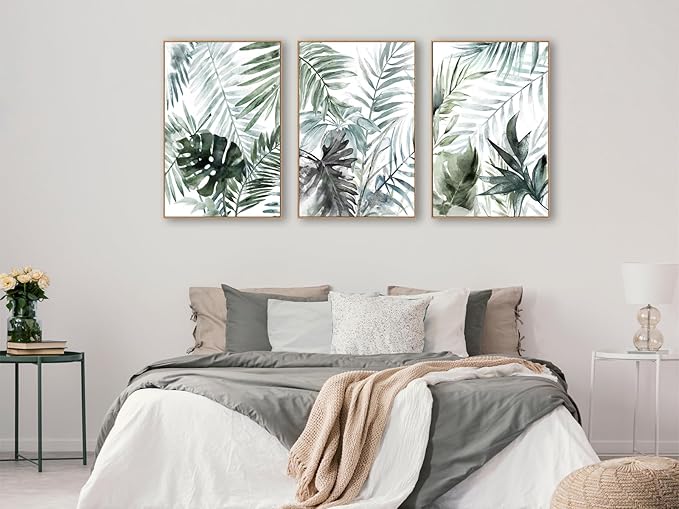 Large Framed Canvas Wall Art - Natural Float Framed Tropic Leaf Pictures Wall Art Prints for Living Room Decor Green Plants Artwork for Bedroom Kitchen Home Office Decoration 72" X 36" Set of 3