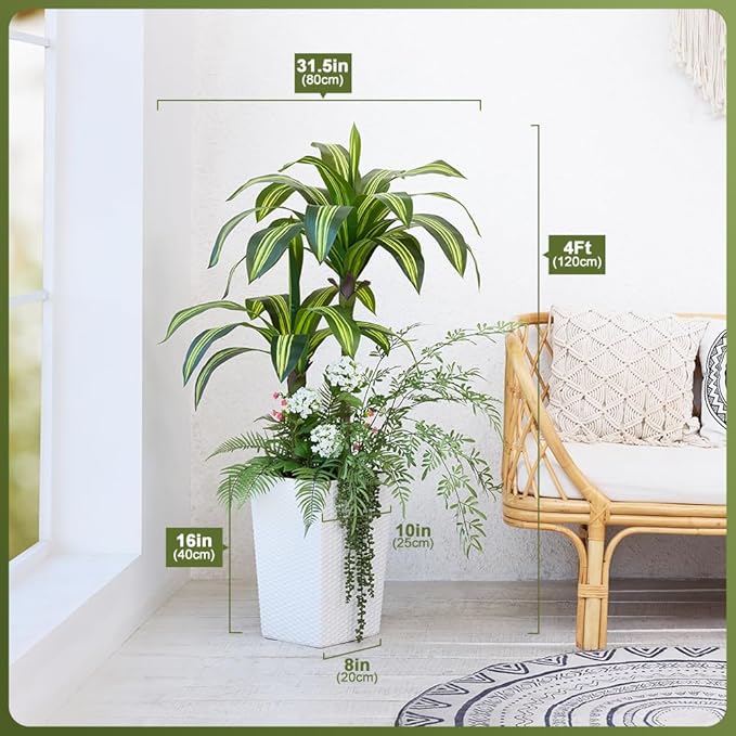 Artificial Dracaena Tree 4ft Artificial Plants Indoor UV Resistant, Dracaena Fake Plants with Multiple Plants in White Tall Planter for Indoor Outdoor Decoration (1 Pack)