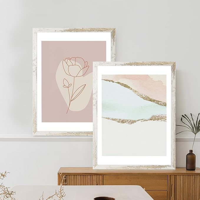 24x30 Frame Set of 2, Distressed White Wood Style - Display 18x24 Picture Frame with Mat or 24 x 30 Poster without Mat, Wall Mounting Horizontal and Vertical