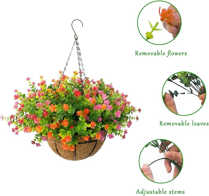 Artificial Hanging Flowers Basket, 12 UV-Resistant Bundles of Realistic Fake Flowers, Faux Plants for Outdoor Decor, Home, Garden, Porch, Patio, Spring & Summer Decorations, Orange Pink Red