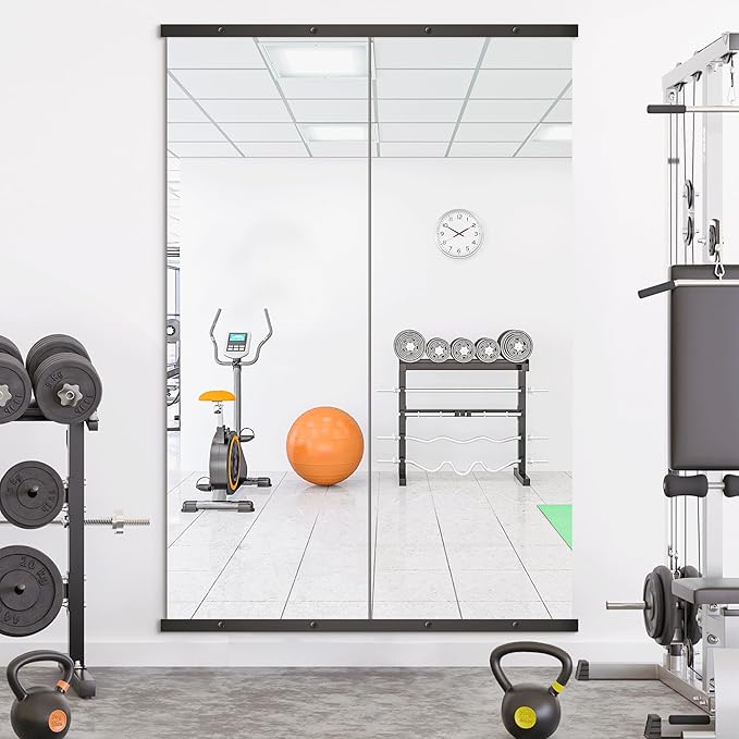 Home Gym Mirror for Wall, 70"x24"x2PCS Full Length Gym Mirror Frameless Wall-Mounted for Garage, Home Gym, Living Room, Bedroom(Black)