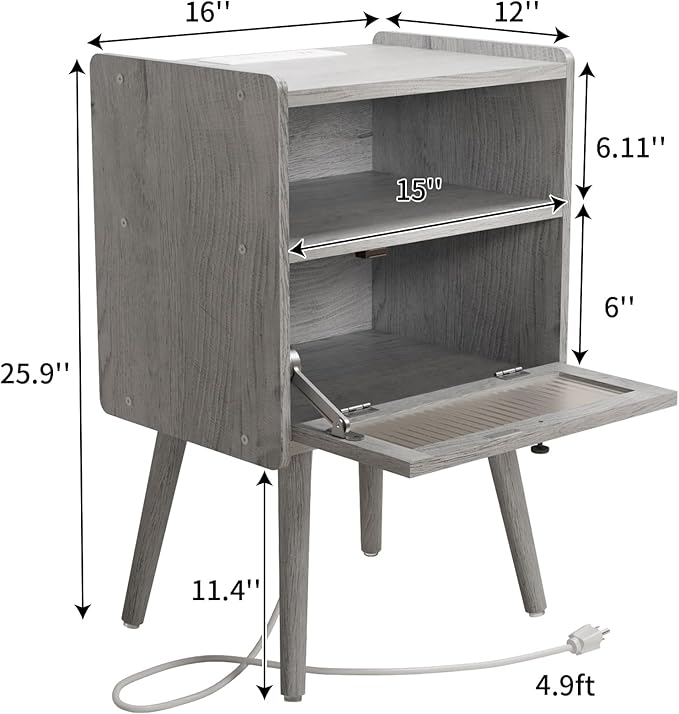Mid Century Modern Nightstand with Charging Station, Bedside Tables with Glass Door, End Table Side Table with 2 Tiers Storage Space, for Bedroom, Living Room, Light Grey