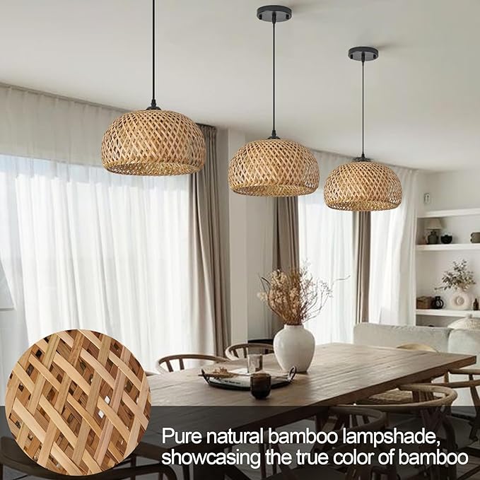 TERLEENART Bamboo Pendant Light,Set of 2 Boho Round Basket Chandelier Handmade Woven Pendant Light, Natural Bamboo Rattan Hanging Chandelier for Kitchen Island Dining Room Living Room Porch