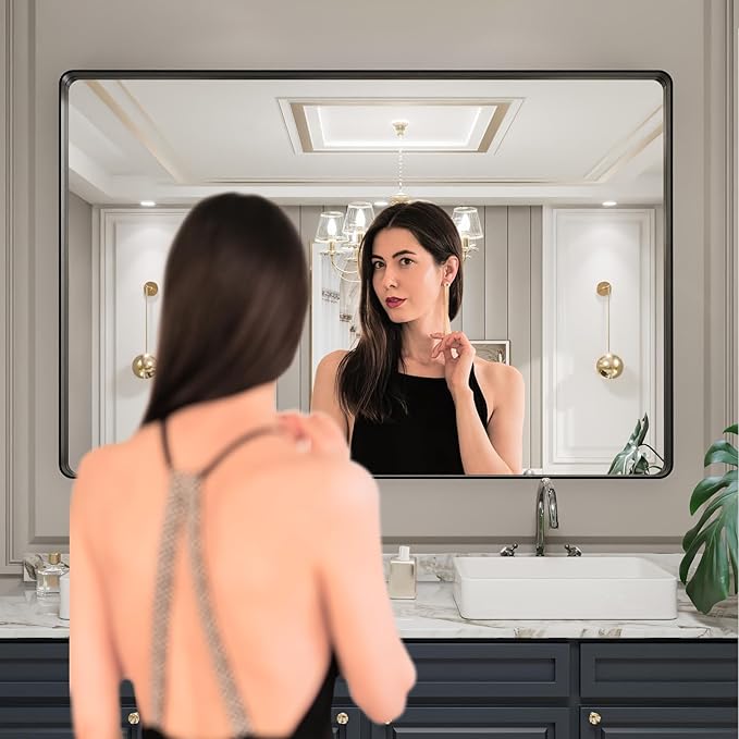 LOAAO 60X40 Inch Black Metal Framed Bathroom Mirror for Wall, Matte Black Bathroom Vanity Mirror Farmhouse, Large Rounded Rectangle Mirror, Anti-Rust, Tempered Glass, Hangs Horizontally or Vertically