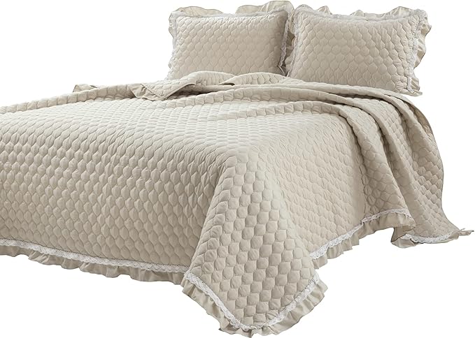 Lush Decor Ella Ruffle Lace Quilt, 3 Piece Set, Full/Queen, Neutral - Cute Quilt - Queen Bedding Set - Beige Bedding Full Size - Coquette Decor - Neutral Ruffle Trim - Beige Lace Trim