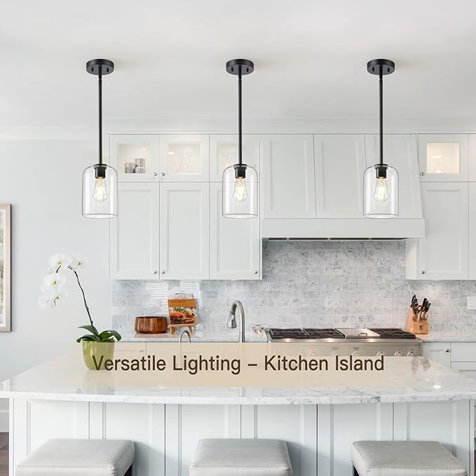 Black Pendant Light Fixtures, 6 Inch Clear Glass Shade Modern Farmhouse Pendant Lights Kitchen Island, Industrial Hanging Light Fixture Adjustable Stem Rod for Over Sink