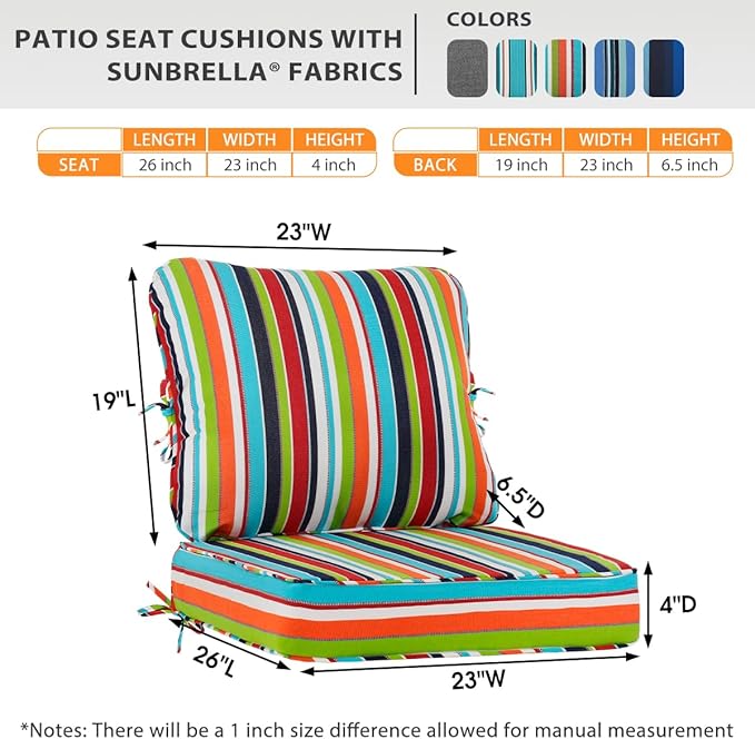 Sundale Outdoor Sunbrella Deep Seat Cushions, Patio Acrylic Sectional Sofa Couches Cushion and Pillow, Water-Resistant Furniture Replacement Cushions, 23 x 26 x 4 inches - Carousel Confetti