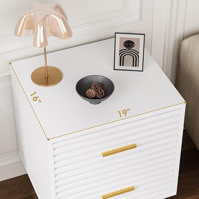 Alohappy Nightstands Set of 2, Mid Century Modern Night Stands, Fluted Bedside Tables for Bedroom, End Tables with Storage Drawers, Vintage Bed Side Table Wood Accent Table for Living Room, White 2pc