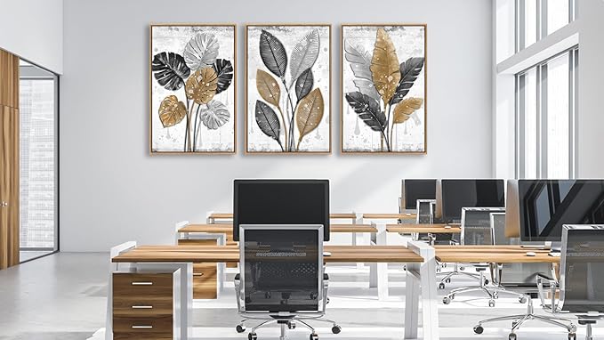 Large Framed Canvas Wall Art - Natural Float Framed Black Brown Gray Leaf Pattern Pictures Decor Rustic Foliage Plants Artwork for Living Room Bedroom Kitchen Home Office Decoration 48" X 24" Set of 3