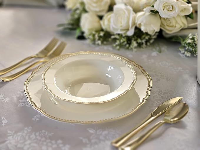 " OCCASIONS " 240 Plates Pack,(120 Guests) Heavyweight Premium Disposable Plastic Plates Set -120 x 10.25'' Dinner + 120 x 7.5'' Salad/Dessert (Rochelle Ivory and Gold)