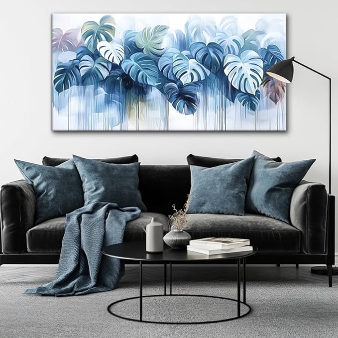 Navy Blue Plant Wall Art for Living Room Office Canvas Painting Prints Nature Artwork Dining Room Bedroom Decor (16x30 Inches)