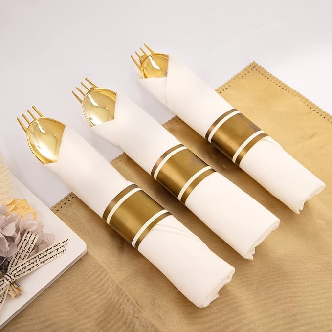 Supernal Pre Rolled Napkin with Gold Plastic Silverware Set of 30pack, Disposable Gold Silverware with Linen Napkin, Heavy Weight, Wrapped Plastic Silverware Suit for Wedding, Catering Event, Party