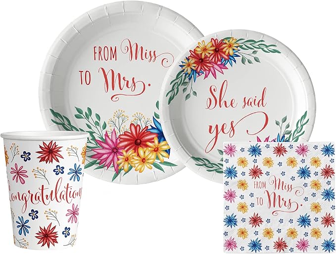 Bridal: From Miss to Mrs (Colorful Floral) Tableware Pack: Disposable Paper Plates, Napkins and Cups Set for 20