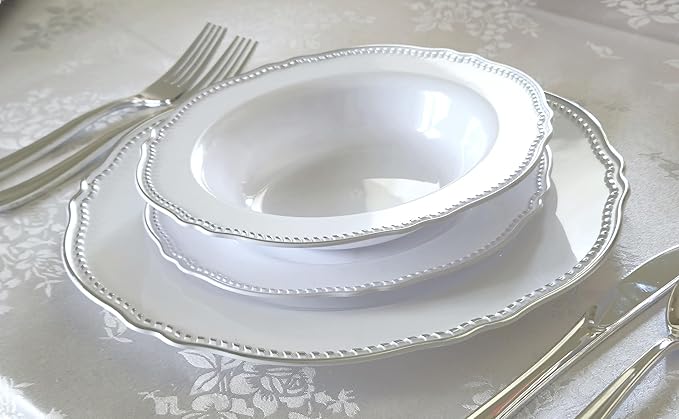 " OCCASIONS " 240 Plates Pack,(120 Guests) Heavyweight Premium Disposable Plastic Plates Set -120 x 10.25'' Dinner + 120 x 7.5'' Salad/Dessert (Rochelle White and Silver)